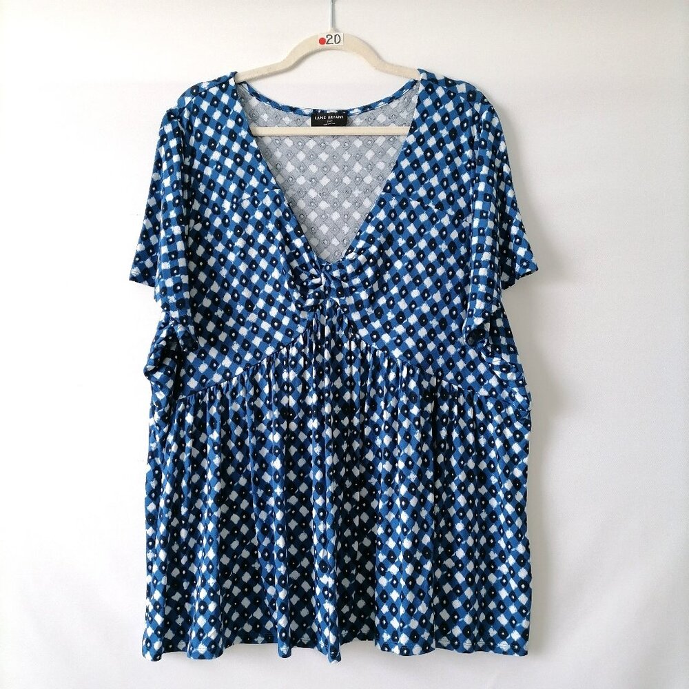 Lane Bryant Womens Blue Argyle V-Neck Baby Doll Twist Front Peasant Top Sz 22/24